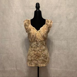 Mandee V-Neck Sparkly Tan Floral Mesh Tank Top